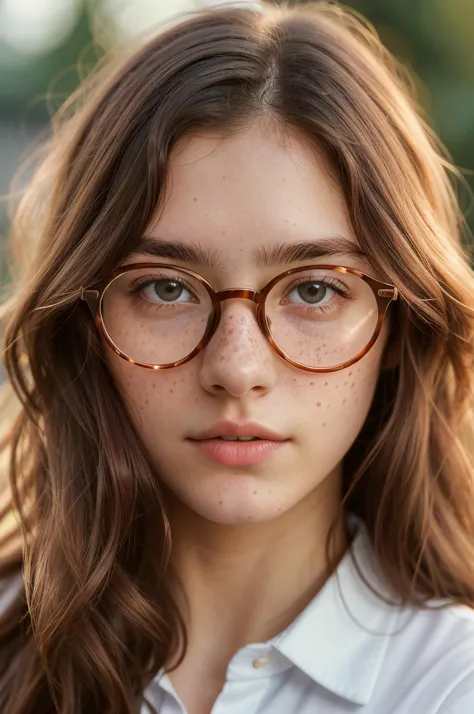 a close up of a woman wearing glasses and a white shirt