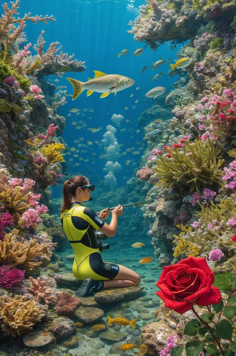 there is a woman sitting on a rock in a coral reef