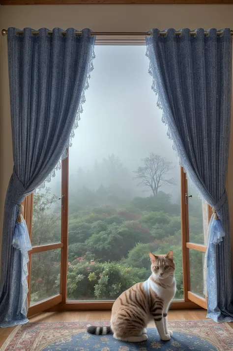 arafed cat sitting on a rug in front of a window