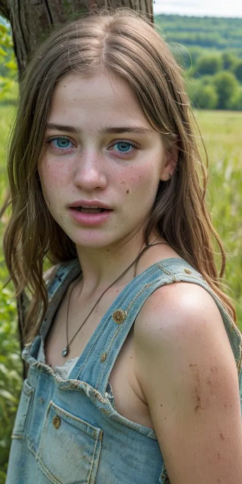 a close up of a young girl standing in a field