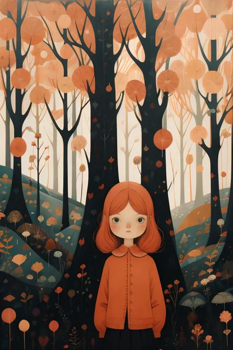 a close up of a painting of a girl standing in a forest