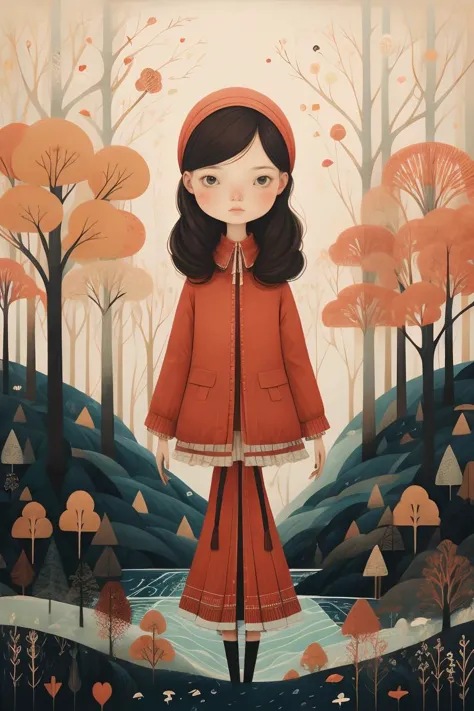 a painting of a girl in a red coat standing in a forest