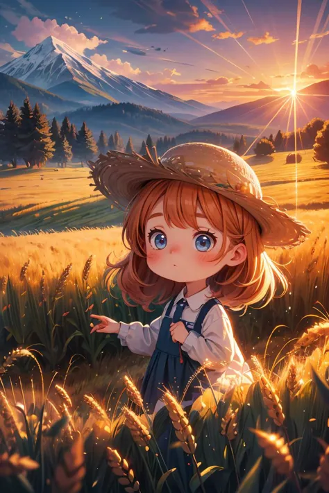 a girl in a hat standing in a field with a mountain in the background