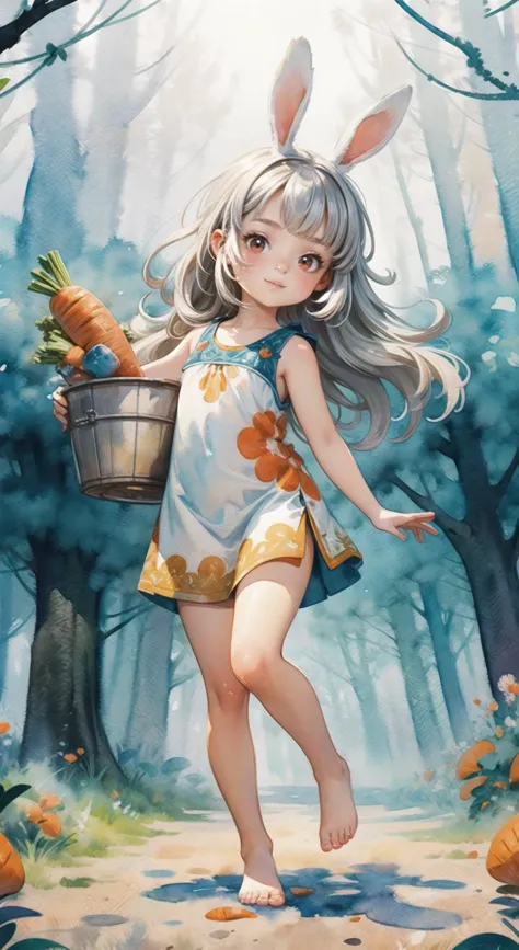 a painting of a girl in bunny ears carrying a basket of carrots