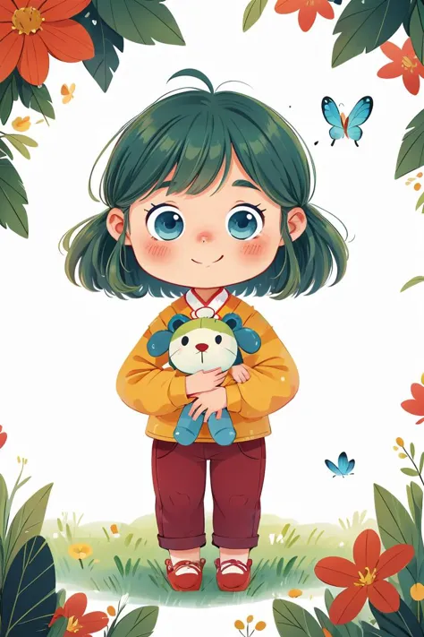 a girl holding a stuffed animal in her hands in a garden