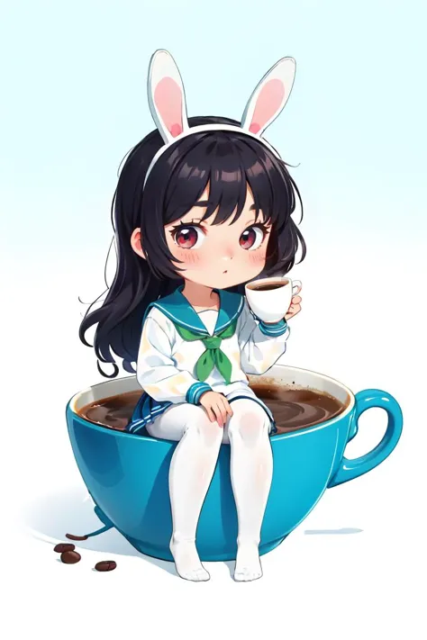 (chibi:1.2),in container,1girl,solo,pantyhose,long hair,white pantyhose,red eyes,skirt,school uniform,black hair,no shoes,animal ears,blue skirt,simple background,serafuku,bangs,white sailor collar,rabbit ears,sailor collar,long sleeves,blue serafuku,fake animal ears,blue shirt,shirt,neckerchief,green neckerchief,full body,sitting,(cup:1.1),in cup,coffee,looking at viewer,<lora:in_containerV0.3-000004:0.8>,<lora:GoodHands-beta2:1>,