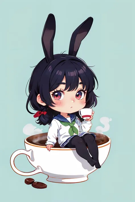 a girl sitting in a cup of coffee with a bunny ears on her head