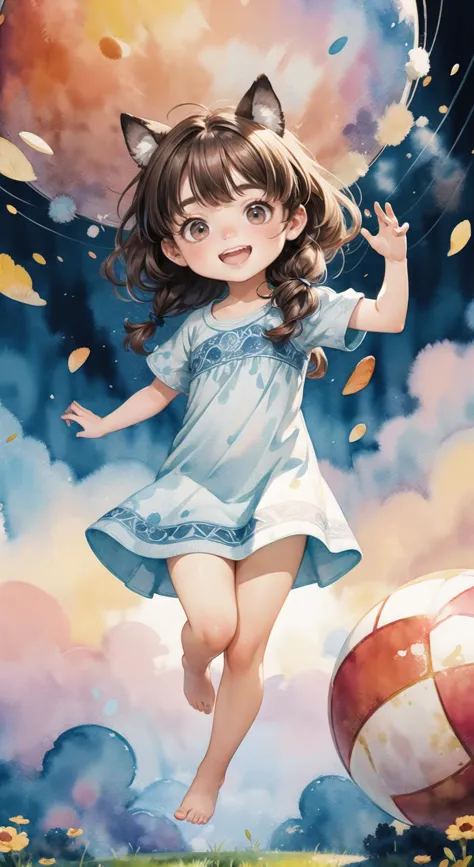 a painting of a girl in a dress running with a ball