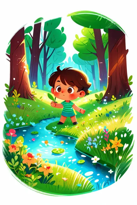 a boy in a green shirt is standing in a stream in the woods