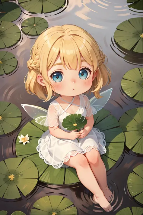 anime fairy sitting on lily leaf in pond with water lily