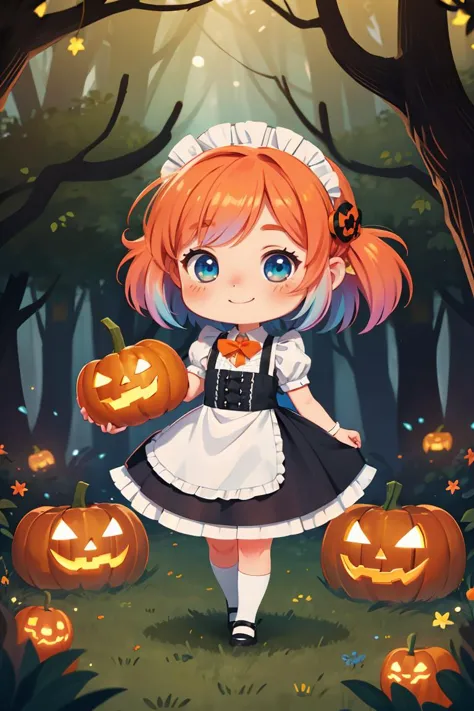 a girl in a dress holding a pumpkin in a forest