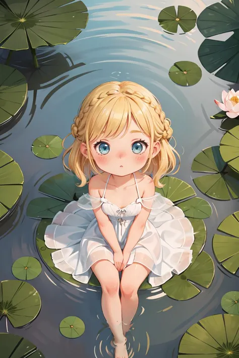 a girl sitting in a pond with lily pads and a white dress