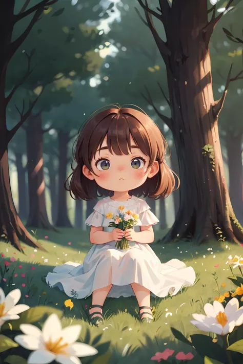 a girl sitting in the grass with flowers in her hand