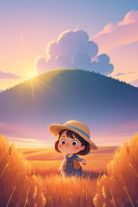 a cartoon girl in a hat standing in a field