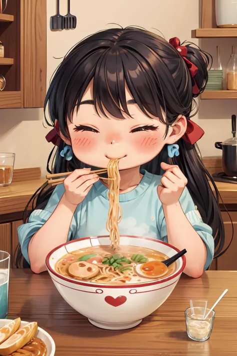 anime girl eating noodles with chopsticks in a bowl