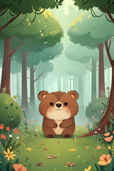 a cartoon bear sitting in the middle of a forest surrounded by flowers