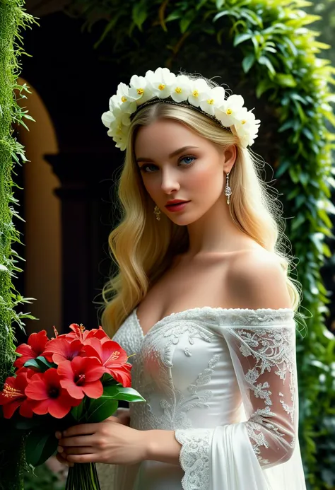 (medium full shot) of (supermodel young woman:1.1) bride, russian with blonde hair, blue eyes, fair skin, tall,,             wea...