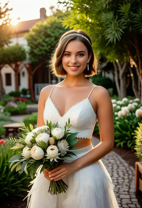 (medium full shot) of (esthetic young woman:1.1) bride, american with straight brown hair in a bob, hazel eyes, light tan skin, athletic build,             wearing Feathered crop top with rhinestone accents, feathered mini skirt, feathered headband, feathered sandals, wedding veil, satin gloves embellished with lace and pearls,             holding a bouquet of bohemian bouquet of protea and eucalyptus leaves, smiling at the viewer, making a victory pose, .set in  Castle Garden, Fragrant herb garden with wooden planter boxes, rustic wooden swings hanging from sturdy branches, a sun-drenched clearing with picnic tables, and colorful mosaic stepping stones , at sunset. .Masterpiece,best quality, photorealistic, amazing quality, very aesthetic, extremely detailed face,