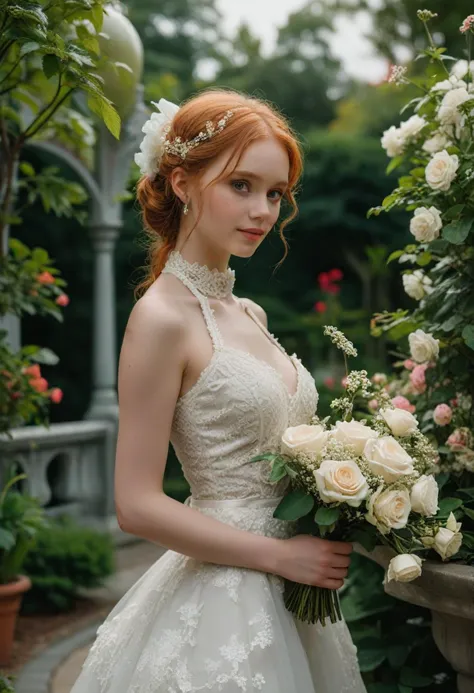 (medium full shot) of (bonnie bride) young woman, tiny build, long ginger double buns hair, canadian, fair skin, light green eye...