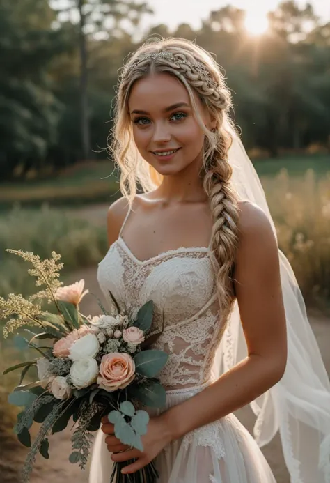 (medium full shot) of (esthetic bride) young woman, average build, medium blonde dutch braid hair, spanish, tan skin, dark blue ...