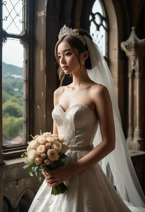 (medium full shot) of (attractive bride) young woman, slim build, extra long hazel hime cut hair, philippine, light skin, light brown eyes,  wearing satin headpiece, ace sweetheart bodice with with ribbon detail, sequined wedding dress with with beaded detail, pearl stiletto heels, wedding veil with lace, sparkling tiara adorned with crystals embroidered sash cinching the bride's waist, holding a minimalist bouquet of single stem roses or tulips, set in  church Bell Tower, Towering structure with a spiral staircase, a large bronze bell hanging from chains, wooden beams crisscrossing overhead, a panoramic window offering views of the surrounding landscape, a weathered oak bench for contemplation , at night, woman smiling, detailed face, ,Masterpiece,best quality, photo, realistic, very aesthetic