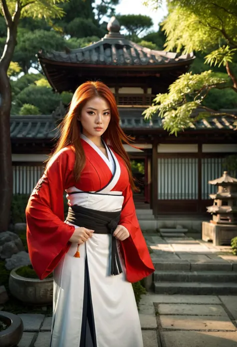 (masterpiece), (best quality), 25 year old hot beautiful shaolin woman with perfect face and perfect hourglass figure with long bright red hair wearing tight shaolin monk uniform huge breast in a taoist garden,  <lora:JJsJapaneseGarden_XL:0.55> Japanese Garden <lora:Temple Guard v1.0:0.55> 7-JapaneseArchitecture <lora:CulturePunkAI_3:0.55> SamuraiPunkAI, masterful composition, dynamic volumetric lighting, realistic  ray_tracing, reflection, hyperrealistic, shallow depth of field, f/2.4, bokeh,