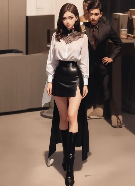 masterpiece, best quality, realistic, (PureErosFace_V1:0.7), 1girl, (chinese,idol,solo,) 17 years old, brown hair,170cm,small size breasts, thin waist, (coiffure, shirt, black suit,  wrap hip skirt, silk scarf, high black lace stockings,  luxury satchel,) ...