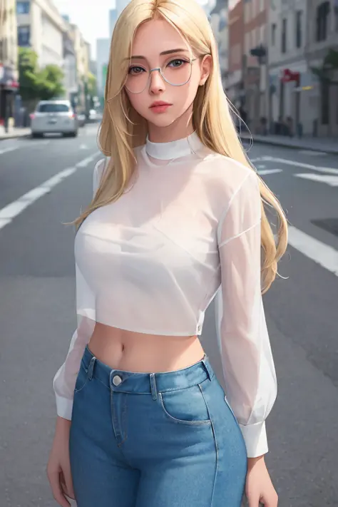 masterpiece, best quality, realistic, 1girl, blonde, glasses, white shirt, blue jeans, standing, street, see-through, midriff