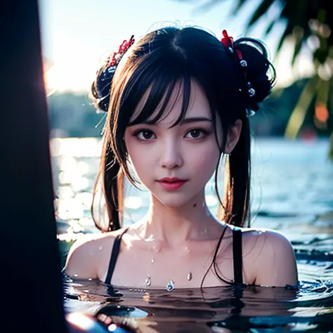 white skin,symmetrical,High detail RAW color photo professional close photograph, (highly detail face: 1.2),  twintails, half body, pore, real human skin, a portrait of a 18yo woman bathing in ocean,body contact water and ripple around, reeds,clear and cle...