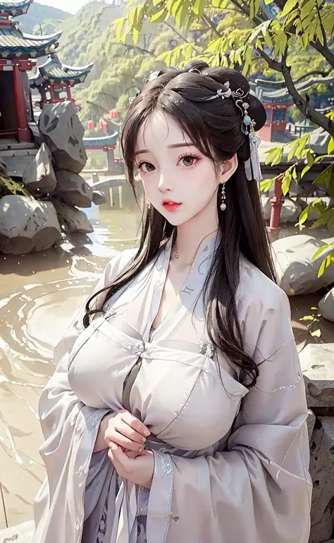 upper body,masterpiece, best quality,(photorealistic:1.4), highres, long hair, jewelry hairpin, large breast, riverside and rock or temple or bridge,
hanstyle, han clothing, hanfu, see-through, 
<lora:Moxin_101 0.85down :0.3>, <lora:hanfu_v28:0.7>, <lora:k...