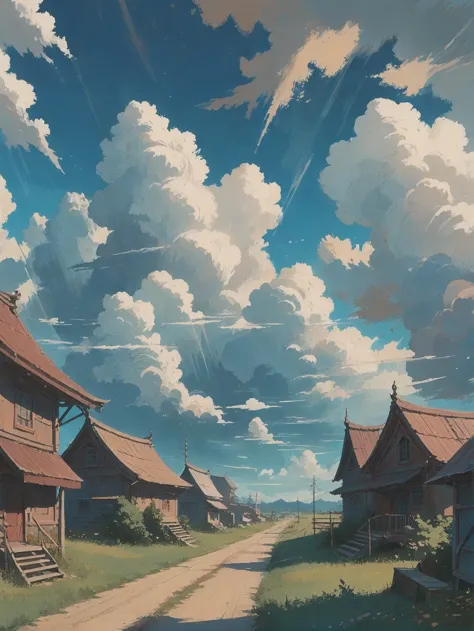 anime scenery of a rural village with a dirt road and a few houses