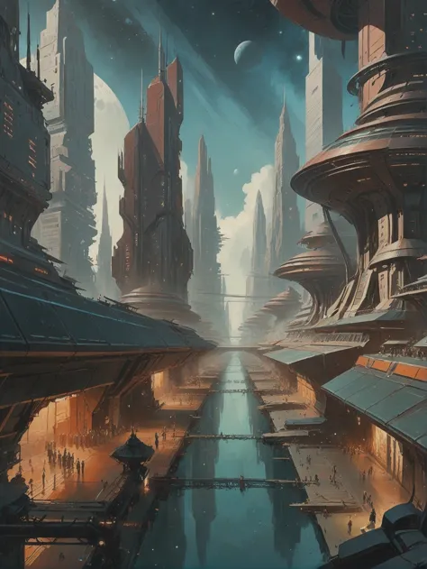 a painting of a futuristic city with a river running through it