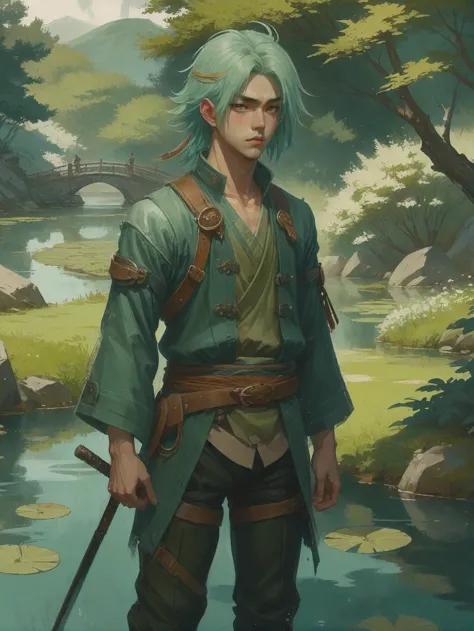 anime style digital painting, (full body:1.2), 1boy, man, bishounen, solo, [:fantastical costume design,:0.2] mystic, korean, mediumspringgreen hair, (athletic:1) build, Pond<lora:EnvyStarlightGritty01:1>