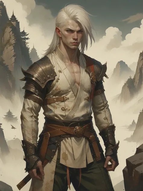 a man with white hair and a sword standing in front of a mountain