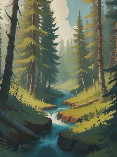 painting of a stream running through a forest with tall trees