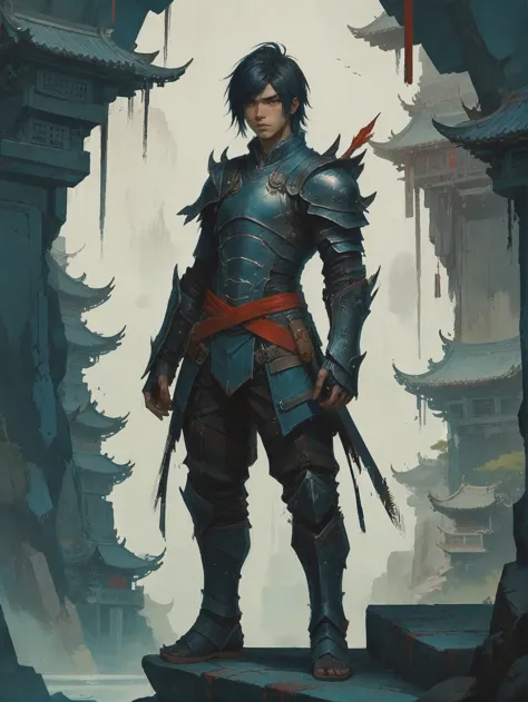 digital painting, (full body:1.2), 1boy, man, masculine, solo, [:outlandish costume design,:0.2] summoner, armor, chinese, dark azure hair, (solid:1) build, a dystopian,utopian fantasy subterranean megastructure at the beginning of time, masterpiece<lora:EnvyStarlightGritty01:1>