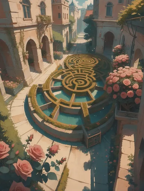 there is a painting of a courtyard with a fountain and rose bushes