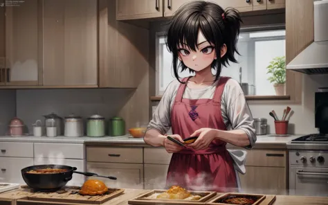 anime girl in kitchen preparing food with a frying pan