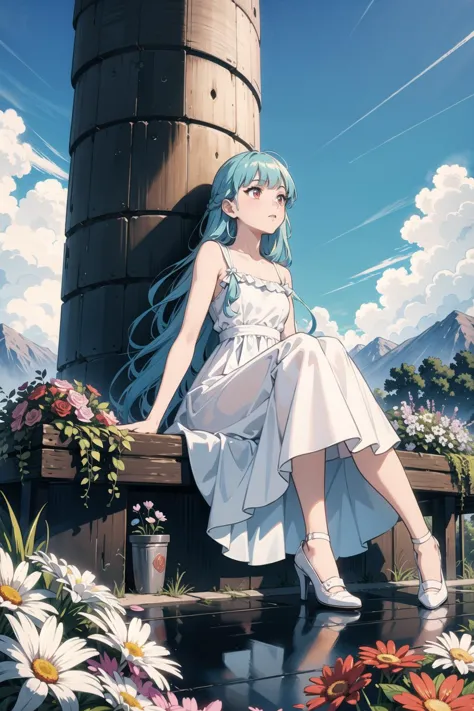 best quality,extreme quality,masterpiece,ultra-detailed,illustration,detailed light,an extremely delicate and beautiful,trim,incredibly absurdres,ray tracing,reflection light,Movie Poster,signature,English text,BREAK 8k,Wallpaper,
1girl,girl middle of flower,pure skyblue hair, red eyes,clear sky,outside,,beautiful,pretty,sitting on the ground,absurdly long hair, clear boundaries of the cloth,
pure white dress, pure white silk cloth,ground of flowers, thousand of flowers, colorful flowers, flowers around her, various flowers,young,stunning,attractive,sundress,fantastic scenery,pure white shoes,