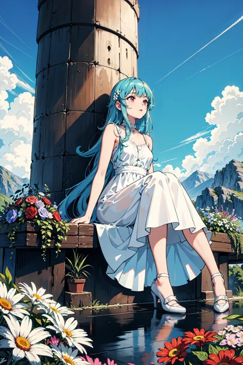 best quality,extreme quality,masterpiece,ultra-detailed,illustration,detailed light,an extremely delicate and beautiful,trim,incredibly absurdres,ray tracing,reflection light,Movie Poster,signature,English text,BREAK 8k,Wallpaper,
1girl,girl middle of flower,pure skyblue hair, red eyes,clear sky,outside,,beautiful,pretty,sitting on the ground,absurdly very long hair, clear boundaries of the cloth,
pure white dress, pure white silk cloth,
ground of flowers, thousand of flowers, colorful flowers, flowers around her, various flowers,young,stunning,attractive,sundress,fantastic scenery,pure white shoes,