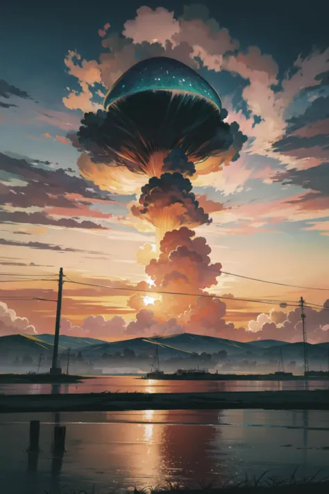 a painting of a large mushroom cloud is in the sky