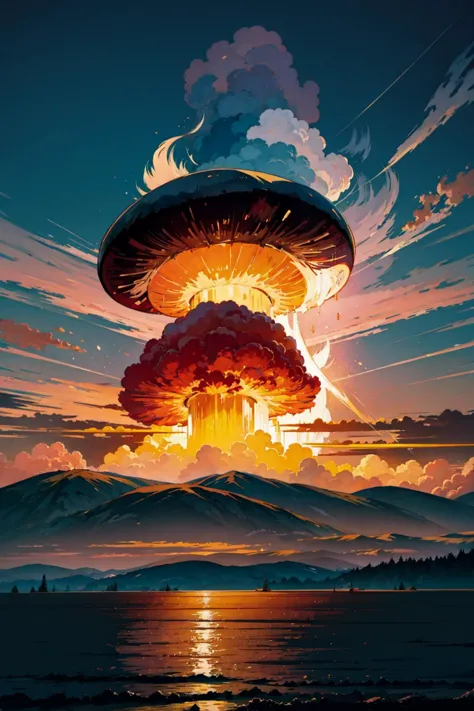 natural lighting, soft lighting, sunlight, HDR (High Dynamic Range), Maximum Clarity And Sharpness, Multi-Layered Textures,
spectacular giant nuclear mushroom cloud,