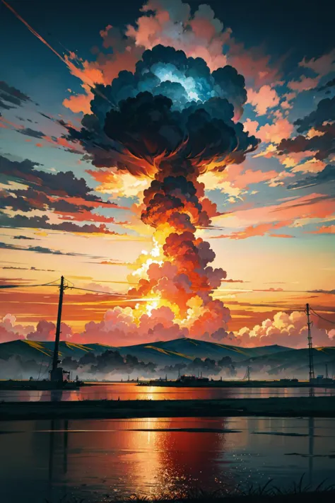 a painting of a cloud that is in the sky over a body of water