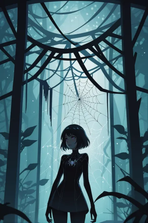 shadow minimalism, anime style, <lora:EnvySendNoodzXL01:-1><lora:EnvyShadowMinimalismXL01:0.5>1girl, woman, beautiful, brightly lit interior, in a surreal Dew-covered spiderweb forest<lora:EnvyBetterHiresFixXL01:0:hr=1>