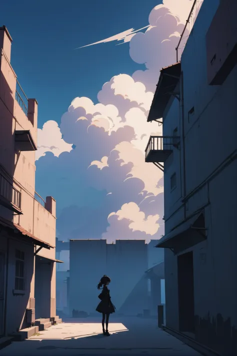 minimalisme de l&#39;ombre, Style animé, 1fille, femme, Beau, matin, ciel bleu, des nuages, paysage, Tannerie sombre près d'une place