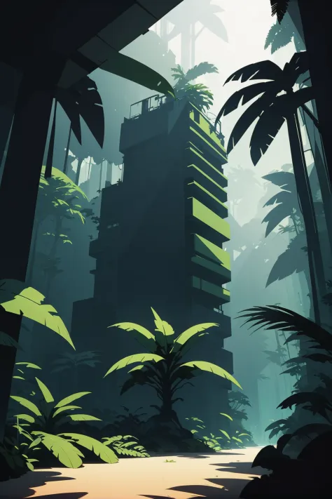 minimalismo de sombras, ciencia ficción, bosque tropical