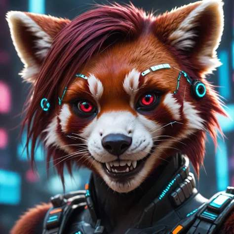 a close up of a red panda with a futuristic look on its face