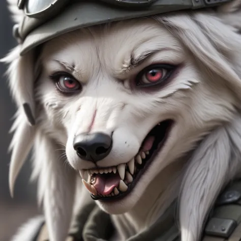 closeup,photo,face portrait, anthro white wolf , female,soldier , post apocalyptic, natural light, fangs, tongue 