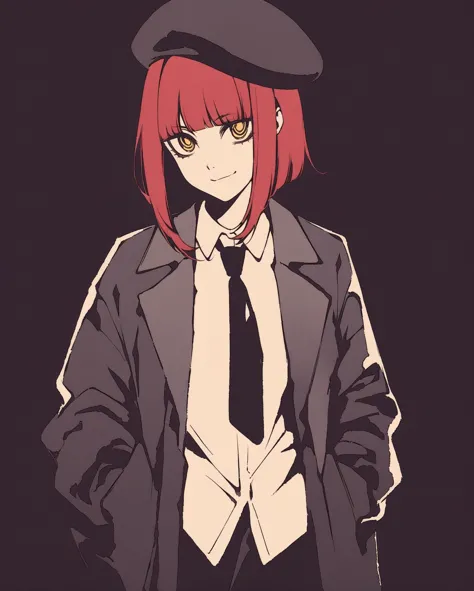 anime girl with red hair wearing a black hat and a black jacket