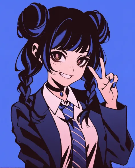 anime girl with ponytails and a tie making a peace sign